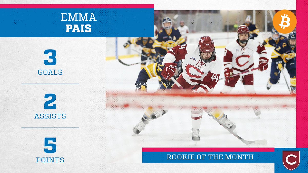 @emmapais earns @Bitcoin #ECACHockey Rookie of the Month honors for March with a five-point performance, recording three goals and two assists for @ColgateWIH in the ECAC Tournament! #TheEducatedDecision