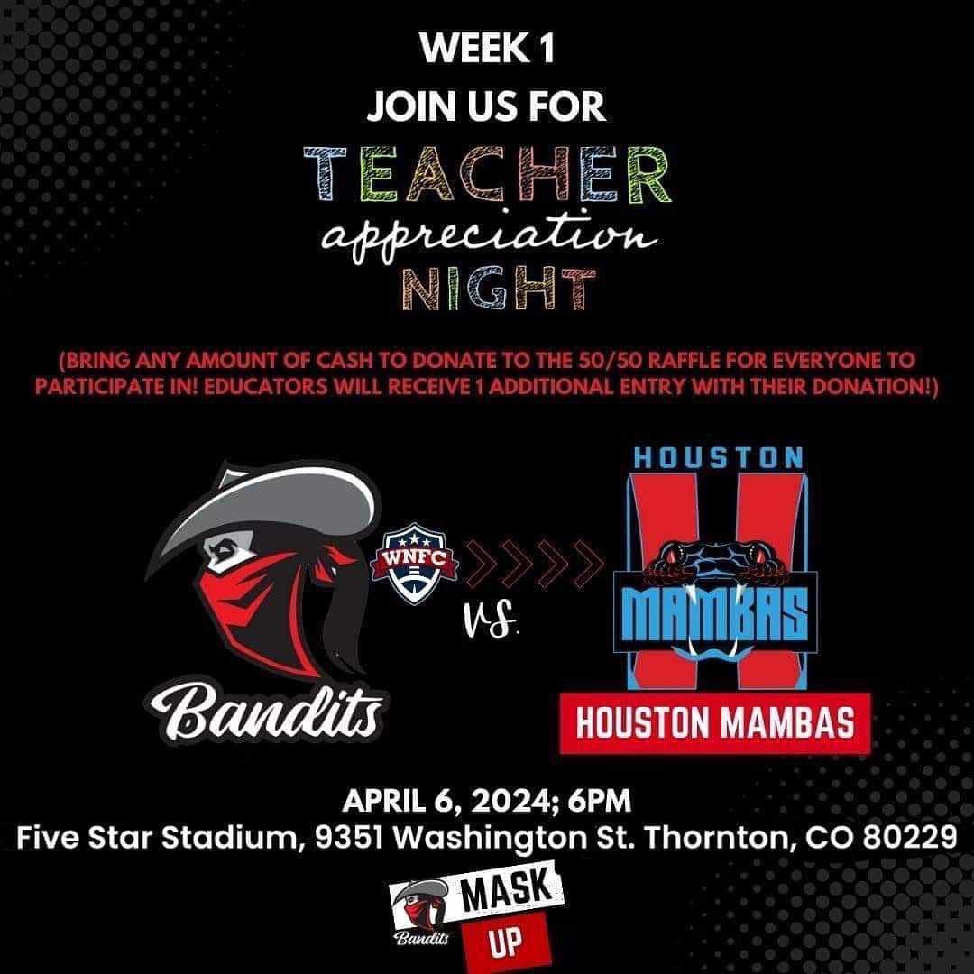 DenverBanditsFB's tweet photo. Game 1 is THIS Saturday! Join us for teacher appreciation night & watch the Bandits take on the Houston Mambas at Five Star Stadium in Thornton! Game time is 6pm! #denverbandits #wnfcfootball #HerGame #ballininlove #womensfootball #femaleathlete #denverathlete #wnfcproud #lawless https://t.co/uHPVTdDr5b