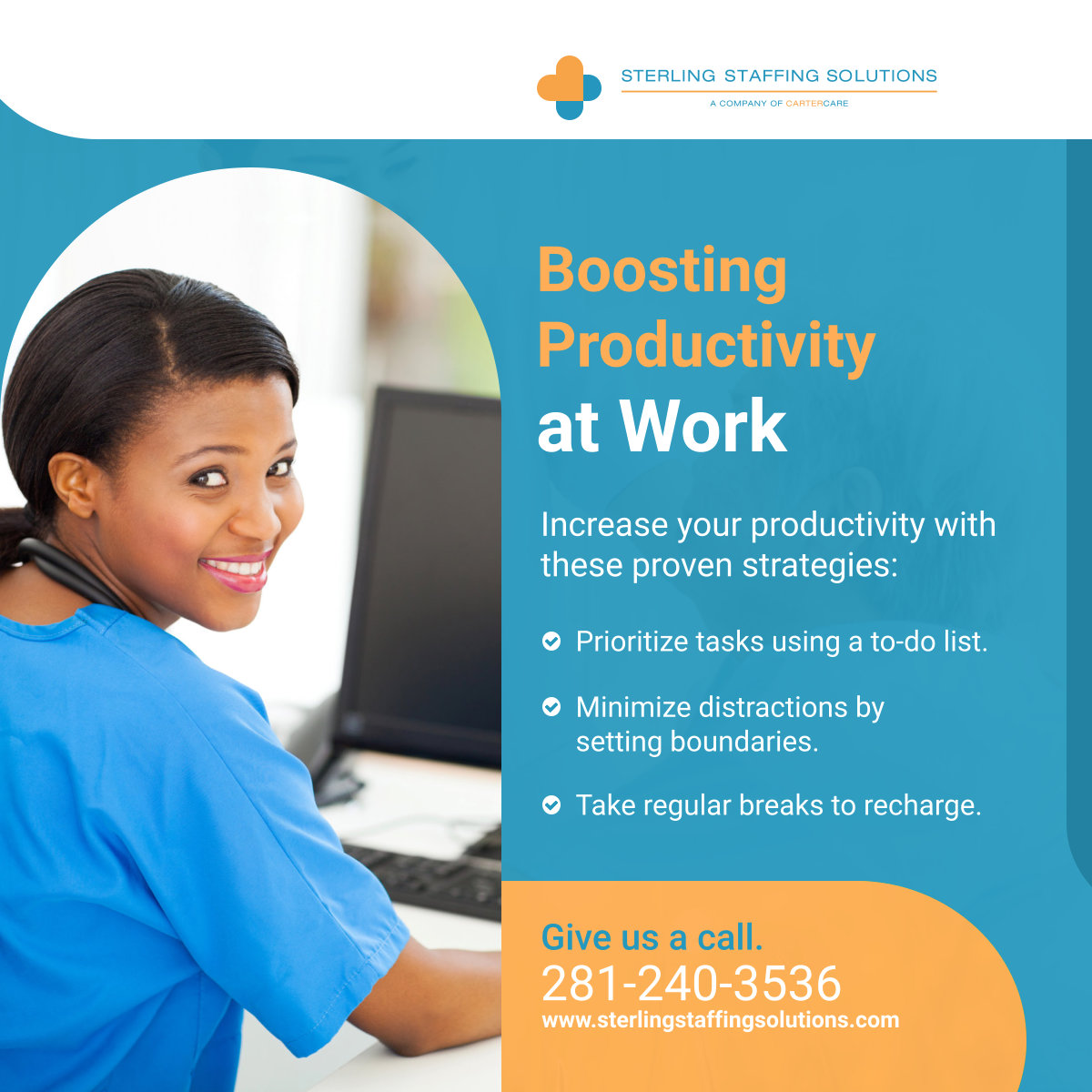 sterlingstaffs's tweet photo. Struggling to stay focused at work? Try implementing these productivity-boosting tips for better efficiency and effectiveness. 

#SugarLandTX #HealthcareStaffing #Productivity https://t.co/6CFySDltNC