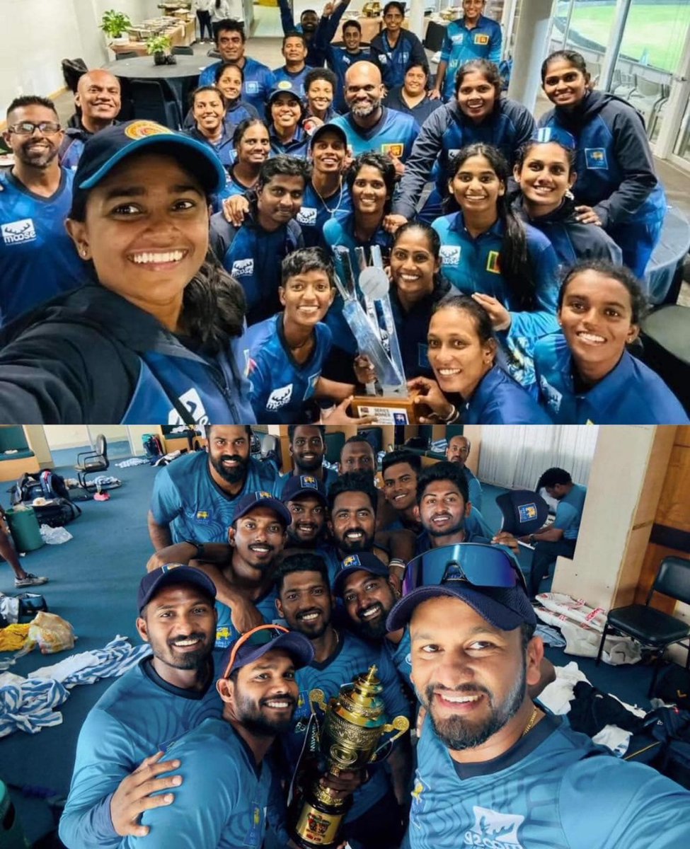 Double the delight! Both our Men's and Women's teams have emerged victorious in their respective series! The Men clinch the Tests in Bangladesh, while the Women dominate the T20Is in South Africa. 🇱🇰 Two winning selfies, one very proud Sri Lanka Cricket!