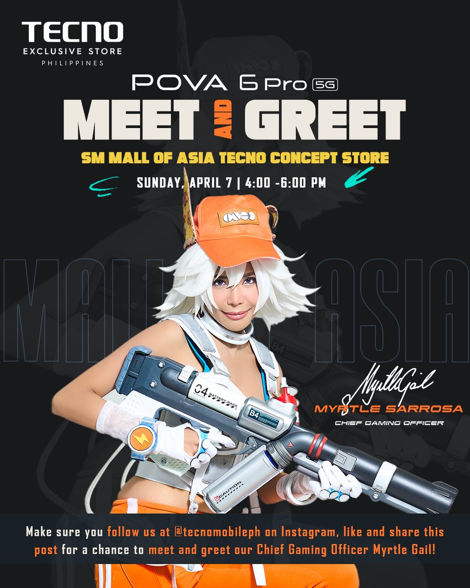 Join us for an exclusive meet-and-greet with #POVA6Pro5G CGO, Myrtle Sarrosa! Follow us on Instagram and mark your calendars for April 7th, 4pm to 6pm, at SM MOA TECNO Concept Store!

#TECNOPOVA6Pro5G #TECNOPOVA6Series #LimitlessPerformance #TECNOxFarlight84
#TECNOPhilippines