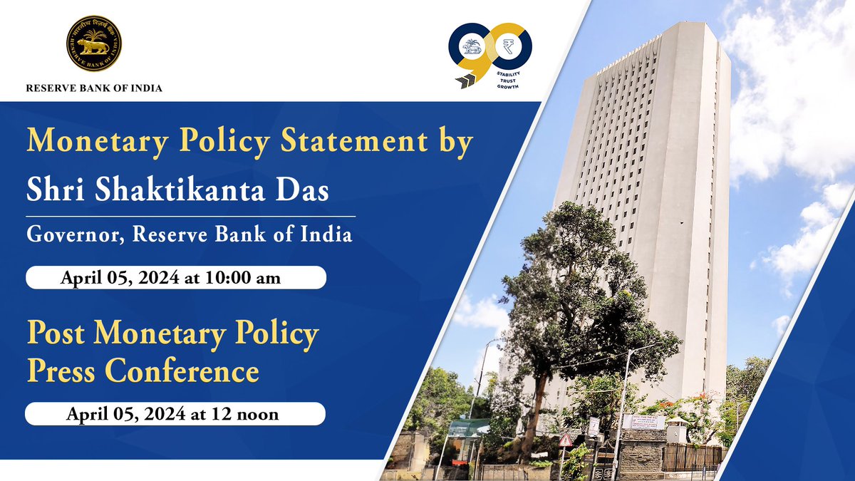 Coming up: Monetary Policy statement by #RBI Governor @DasShaktikanta on April 05, 2024, at 10:00 am. Watch live at: youtube.com/live/ZnAuVmhKG… Post policy press conference telecast at 12:00 pm on the same day at youtube.com/live/-QyXRW4LP… #rbipolicy #rbigovernor #rbitoday…