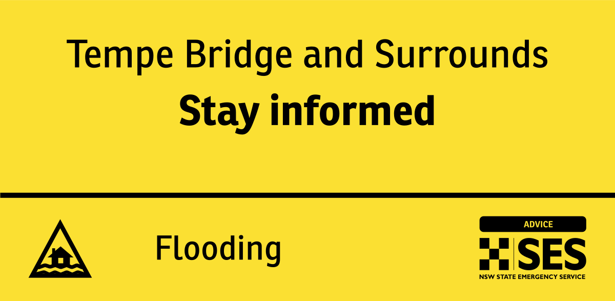 NSWSES's tweet photo. The NSW SES advises people in the following area(s) to STAY INFORMED about predicted possible minor flooding on the Cooks River:
- Tempe Bridge and surrounds
ADVICE
Next update: Friday 5 Apr 3:00 pm
Find out more: https://t.co/r619bzwg8a
#NSWSES #CooksRiver https://t.co/2TXwXSEK2N