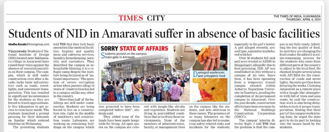 #AndhraPradesh: Designed to disappoint? #NationalInstituteofDesign, students protested over the lack of medical facilities, hygiene, and quality mess, security, etc. Students find the campus inhospitable, comparing it to a refugee camp despite its national importance status.