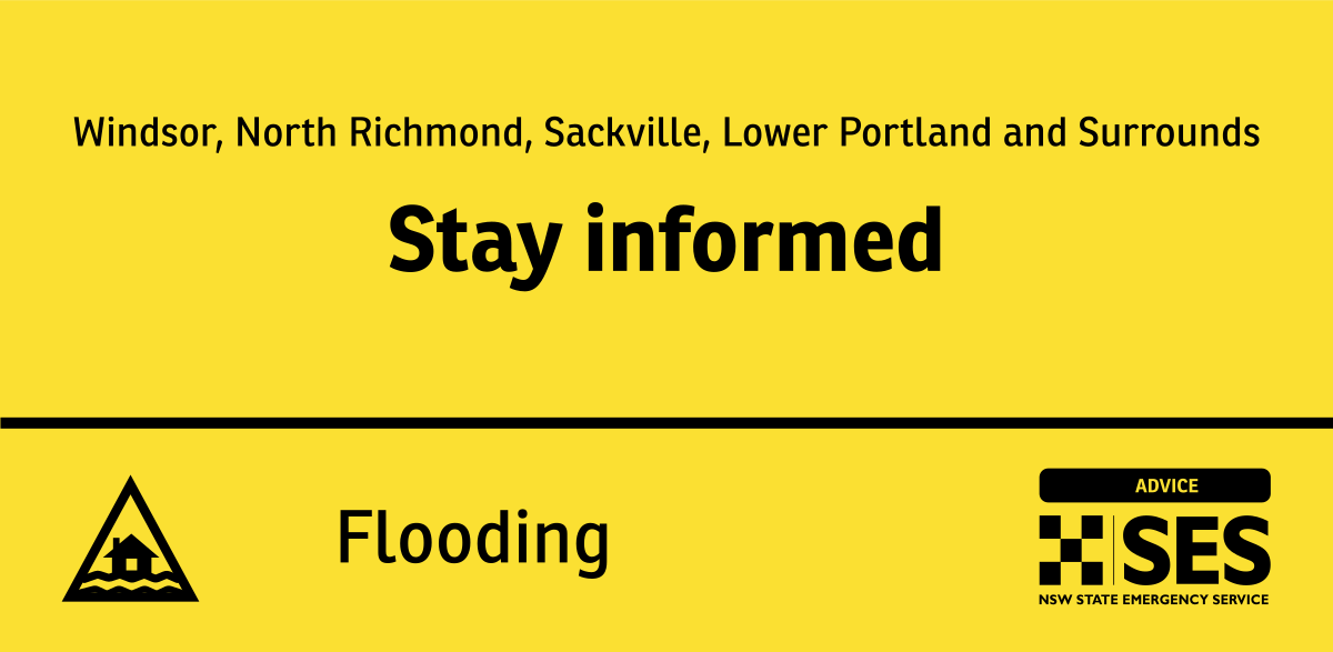 The NSW SES advises people in the following area(s) to STAY INFORMED about possible minor to major flooding on the Hawkesbury River: - Windsor - North Richmond - Sackville - Lower Portland Find out more: hazardwatch.gov.au/a/Zw-IG3 #NSWSES #HawkesburyRiver #NepeanRiver