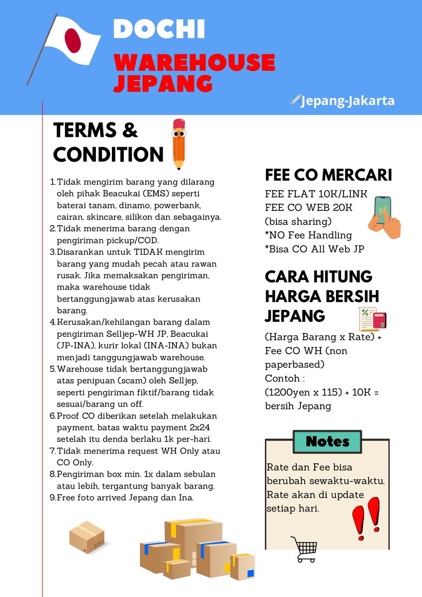 whdochi's tweet photo. DOCHI Warehouse Japan ~🇯🇵JAPAN-INDONESIA

warehouse service:
-Jasa CO Website Japan (mercari,frill,rakuma,sanrio,line friend etc) 
-EMS dan handcarry

More detail cek t&amp;c ⬇️

RATE 107 FEE 10K 

DOM JAKARTA https://t.co/G8Qpi8tFWT