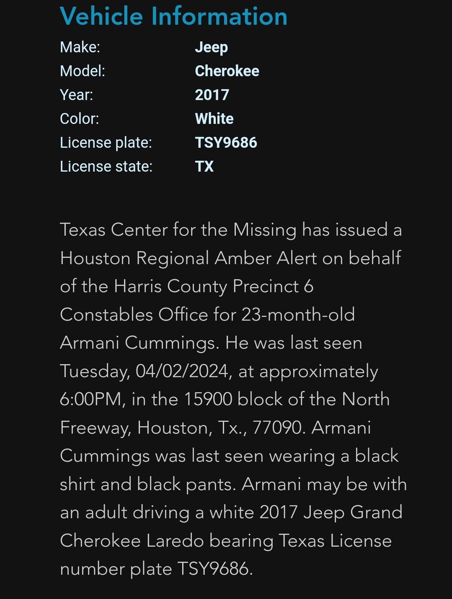 CrimeNJusticeYT's tweet photo. #AmberAlert Armani Cummings,1 yr old missing since April 2, 2024 last seen approximately 6 P.M. in the 15900 block of North Freeway Houston Texas with unknown adult in a white 2017 Jeep Cherokee w/ TX plate TSY9686
#MissingChild #MissingTexas #Repost https://t.co/7UQxixXOY2