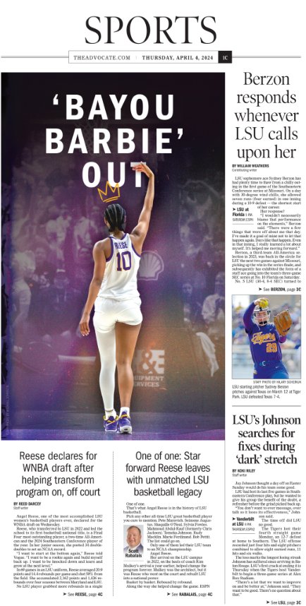 In Thursday's @theadvocatebr, from @byreeddarcey: LSU star Angel Reese declares for WNBA draft after helping transform program on, off court bit.ly/3THzDQl @RabalaisAdv: Reese leaves with unmatched LSU basketball legacy bit.ly/4aDhnOS