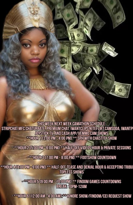 This week/Next week Camathon schedule: Starting tomorrow:  StripChat,MFC,Chaturbate, Premium Chat, Iwantclips<a href="/tag/findom"class="tags"><span>#findom</span></a><a href="/tag/ebonyfeet"class="tags"><span>#ebonyfeet</span></a><a href="/tag/sensualdomme"class="tags"><span>#sensualdomme</span></a>