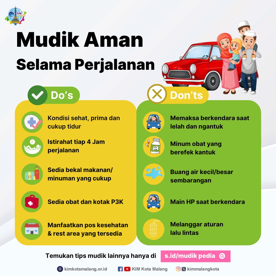 Yuk, perhatikan hal yang perlu dilakukan dan dihindari selama di perjalanan! Sudah siap mudik, Sobat Kim?

Sumber : @indonesiabaik.id

#KimKotaMalang #Mudik2024 #Ramadhan