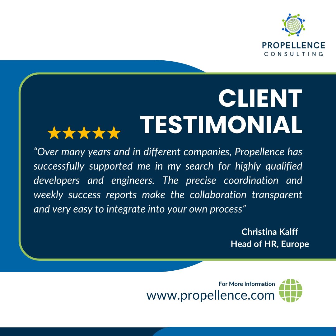 CoPropellence's tweet photo. Christina Kalff, Head of HR, Europe, shares her experience of working with Propellence Consulting.🌟

At Propellence, we prioritise transparency and effective communication, ensuring a smooth integration into your processes.

Grateful for the trust and partnership, Christina! https://t.co/vPGfeJSYiZ