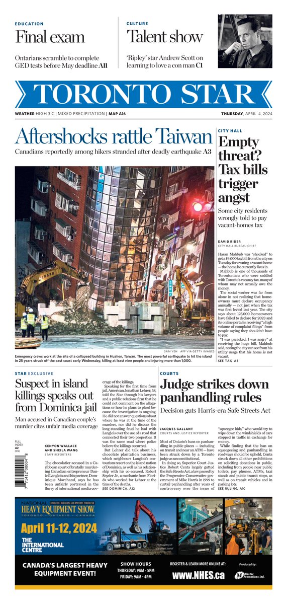 On Thursday’s @TorontoStar A1: Why some residents got vacancy tax bills for homes that aren’t vacant: @dmrider reports. @JacquesGallant on panhandling laws. @KenyonWallace @SheilaWang_ on the man accused of killing two Canadians in Dominica. And the toll of Taiwan’s earthquake.