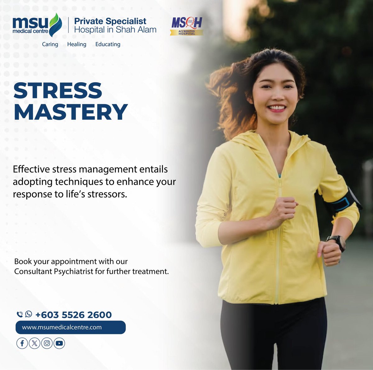 Unhealthy behaviors may eventually result from poorly managed stress. You can receive psychiatrist care at MSU Medical Centre. Visit our website at msumedicalcentre.com or call us at 03-55262600. #CaringHealingEducating #MSUMC #stressrelief