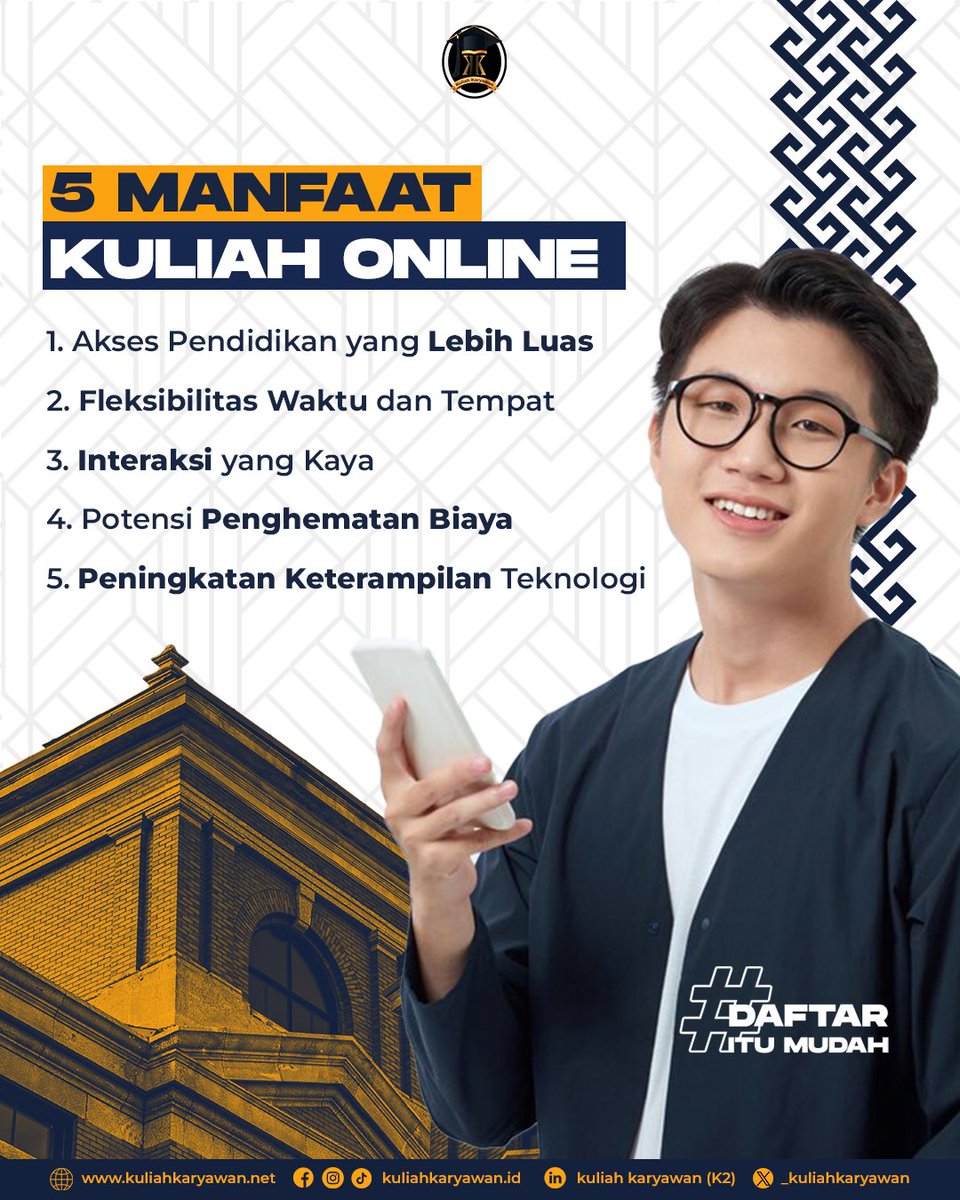 _kuliahkaryawan's tweet photo. 5 Manfaat Kuliah Online,
Banyak Keunggulanya loh!
1. Akses Pendidikan yang Lebih Luas
2. ⁠Fleksibilitas Waktu dan Tempat
3. ⁠Interaksi yang Kaya
4. ⁠Potensi Penghematan Biaya
5. ⁠Peningkatan Keterampilan Teknologi
.
yuk segera cek website kami https://t.co/lJUw834KkM https://t.co/DAotMVvJKP