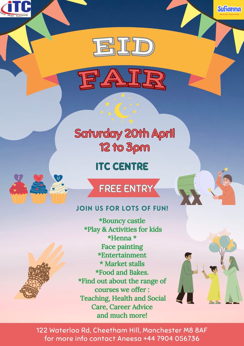 🎉🎉ITC Eid Fair 🎉🎉

Join us for a fun filled day for the whole family on Saturday 20th April - 12pm-3pm

Market Stalls, Food, Sweets, Henna, Face painting, Arts and Crafts, Bouncy Castle.

Book your tickets

eventbrite.com/e/itc-eid-fair…