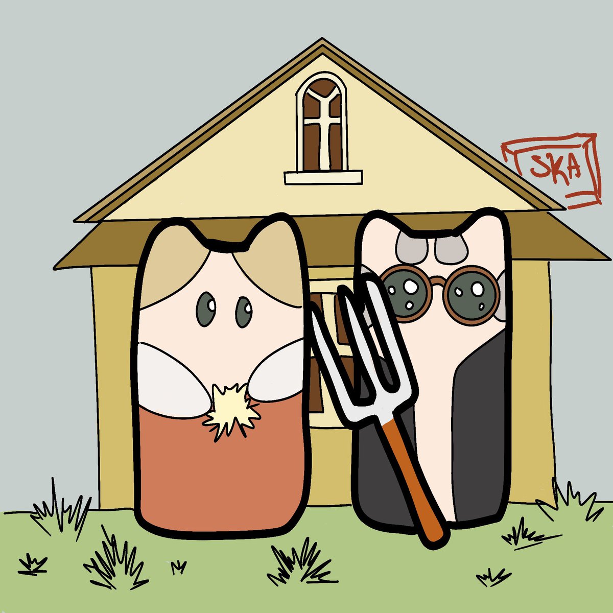StitchedK's tweet photo. American gothic but its cats #cats #americangothic #digitalart #cute https://t.co/HOdj7Lx2FB
