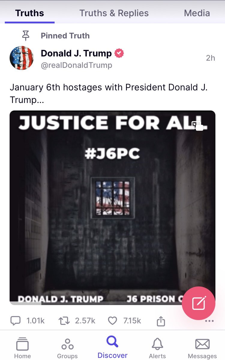 The twice-impeached, quadruple-indicted former president just made the insurrectionist J6 rendition of the national anthem his 'pinned' post on TruthSocial.