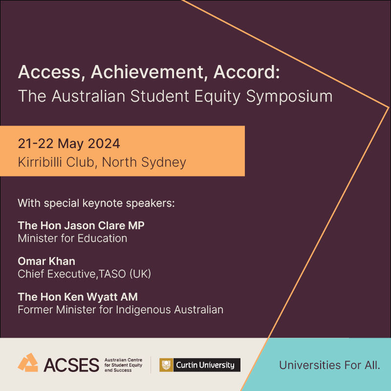 We are pleased to announce @acsesedu will be hosting its first ever ‘Access, Achievement, Accord 2024: The Australian Student Equity Symposium’ in Sydney this May – working to make higher education accessible for all. Find out more. 👉 tinyurl.com/442c8mzj #CurtinUniversity