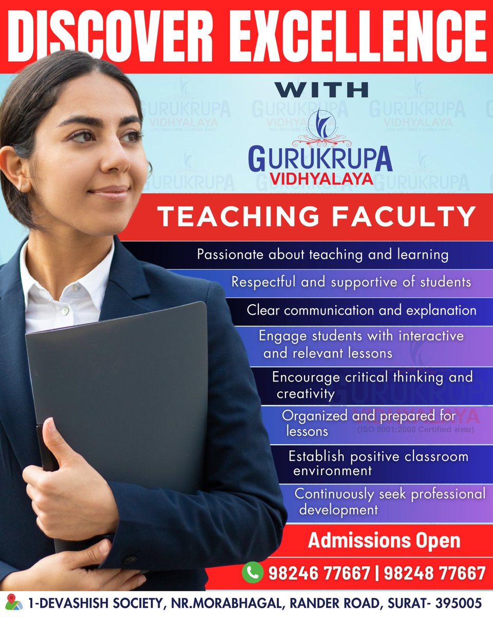 Discover excellence with Gurukrupa Vidhyalaya's top teaching facility, providing a transformative educational experience for students of all ages and backgrounds. Unleash your potential today!

#BESTSCHOOLINSURAT #schooladmissions #BestFaculties #Admissions2024