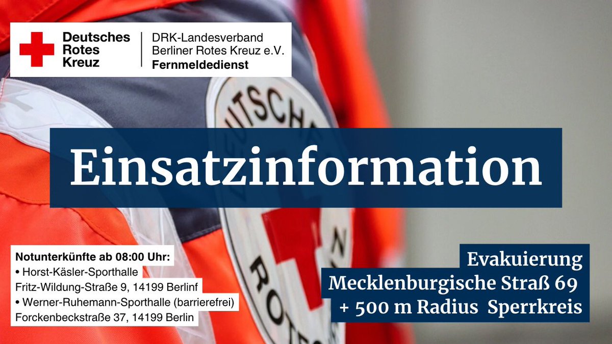 Heute unterstützen wir <a href="/PolizeiBerlin_E/">Polizei Berlin Einsatz</a> und <a href="/bacwberlin/">Bezirksamt Charlottenburg-Wilmersdorf</a> erneut bei der Evakuierung und Unterbringung von Betroffenen im Rahmen der Entschärfung einer #Weltkriegsbombe in #Schmargendorf.

#DRK #Ehrenamt #B0404