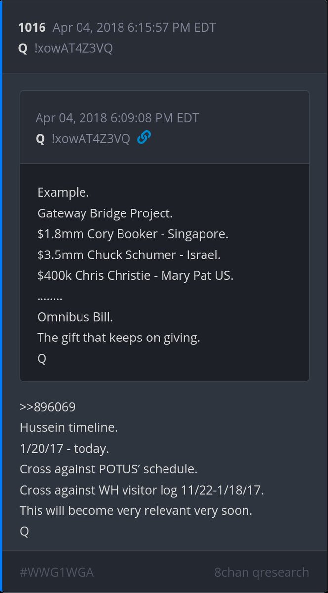 6 year Delta - >>896069
Hussein timeline.
1/20/17 - today.
Cross against POTUS’ schedule.
Cross against WH visitor log 11/22-1/18/17.
This will become very relevant very soon.
