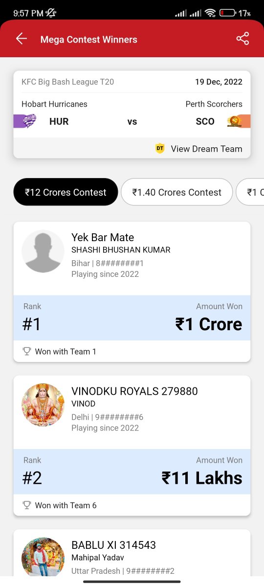 snehakumarreddy's tweet image. Total no of big bash matches between 13 December 2022- 25 January 2023 =  56 

Total no. of users who have won 1 crore &amp;amp; Mega gls by playing with just one team = 23 +.
Note: Only 1 mega gl per match in bigbash unlike IPL.

Keep aside whether all these mega gl winners are bots or…