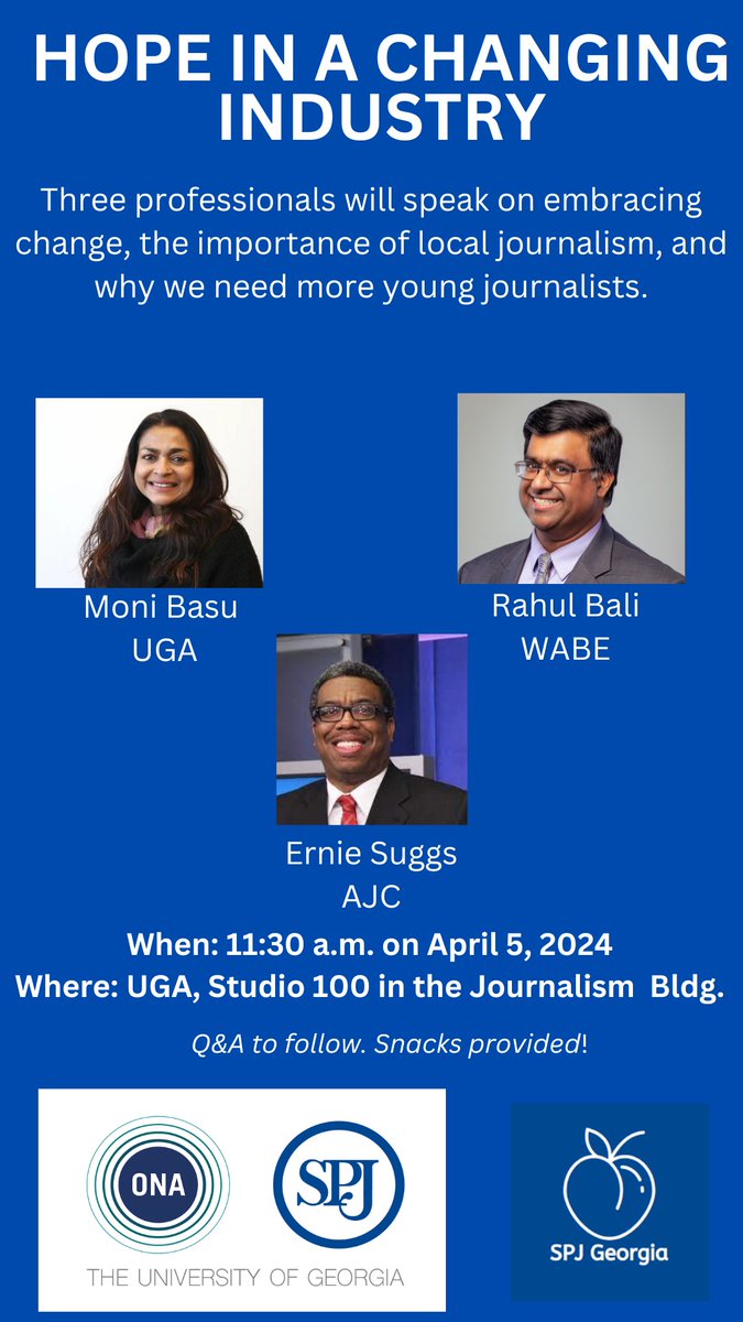 Join us tomorrow @UGAGrady for an insightful panel discussion with journalists @rahulbali, @erniesuggs, and Moni Basu. It will be moderated by @SPJGeorgia student representative @AllisonMawn.#SPJGeorgia #Hope #UGA #QA