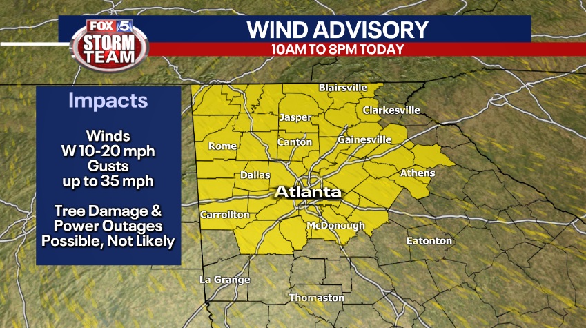 WIND ADVISORY in effect from 10am to 8pm today for Metro ATL and North Georgia -- watch for wind gusts up to 35mph (and even higher in the higher elevations). @GoodDayAtlanta #fox5atl