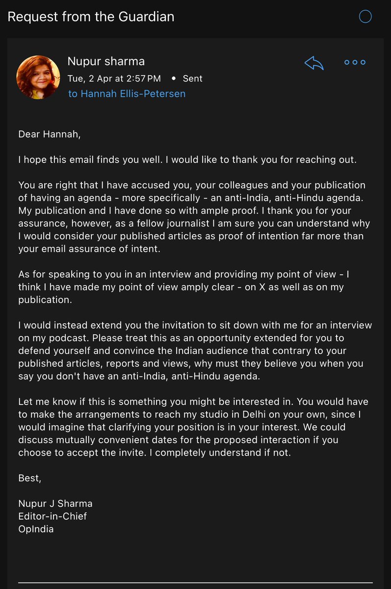 Dear @HannahEP. Thank you for your email. Since you chose to not respond and in the spirit of transparency, I’m making our email exchange public. I am impressed that you think you were doing ME a favor by offering an interview. But as I said in the email, if YOU want to defend