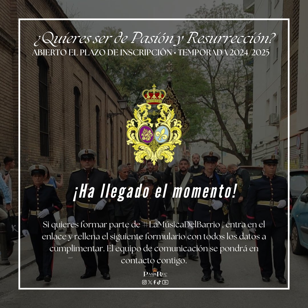 📣 ¿Quieres formar parte de 𝙋𝙖𝙨𝙞ó𝙣 𝙮 𝙍𝙚𝙨𝙪𝙧𝙧𝙚𝙘𝙘𝙞ó𝙣? Ha llegado el momento.

Abrimos el plazo de inscripción tanto para nuevos componentes como para nuestra 𝙀𝙨𝙘𝙪𝙚𝙡𝙖 𝙙𝙚 𝙈ú𝙨𝙞𝙘𝙖 dónde podrás aprender a tocar tu instrumento favorito.