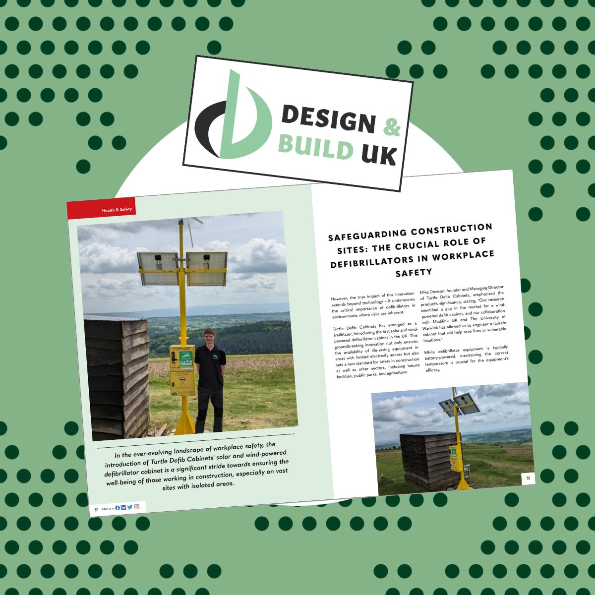 Thanks Design & Build UK mag for covering the crucial role of #defibs & the benefits of our #solar & #windpower #defibcabinet on vast #construction sites. #HealthandSafety & #sustainability: #Highways #Rail #LogisticPark #Freeports #Docks #Bridges #NSIP #Civils #Infrastructure