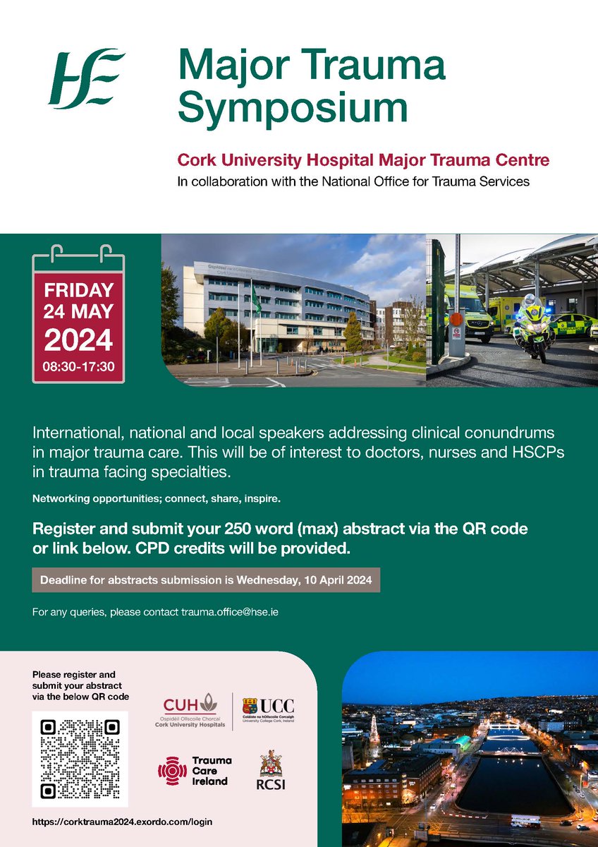 The Faculty are delighted to be offering CPD points for the Major Trauma Symposium taking place in Cork University Hospitals Group 📅Date - 24th of May Register and submit your abstract for the Symposium via the link below 🔗 corktrauma2024.exordo.com/login