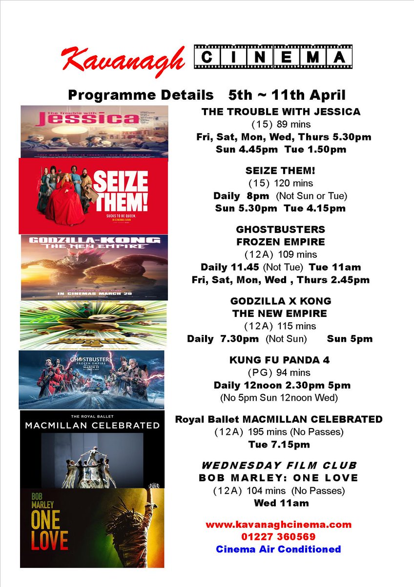 KavanaghCinema's tweet photo. Our Easter programme from Friday 5th April
All seats £4 Monday with a Bay, Whit, Canterbury Residents &amp; Active Life Card (1 ticket per card).
Meerkat Movies Tuesday &amp; Wednesday
Hot Dogs now available! #hernebay #buyinthebayhb
#KungFuPanda  #GodzillaxKongTheNewEmpire #Ghostbusters https://t.co/vaHWR5joLf