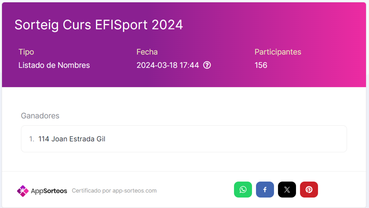 📢 A @indescat ja hem fet el sorteig de dues sessions gratuïtes del 5è Curs EFISport, que vam realitzar entre tots els assistents d'#EFISport24.

🥁 I la persona guanyadora ha estat...
💥 Joan Estrada, del @ClubTennisVic 

👏 Moltes gràcies a totes les persones que van…