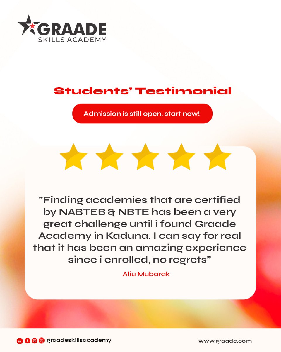 GraadeAcademy's tweet photo. Admission is still open for all courses, a trial will convince you!
To register, sign up on
https://t.co/IpkKTP1kOv
#Graade #nbte #nabteb #academia #academy
#fashiondesign #ict #tech #wednesday https://t.co/6O5AnOxTyd