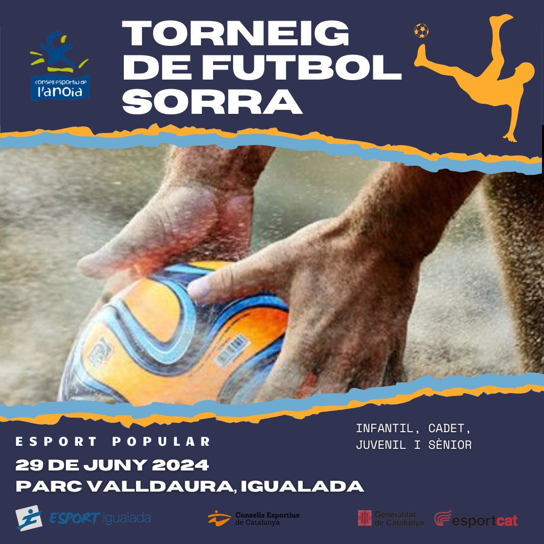 FutbolSorra's tweet photo. Arriba el primer Torneig de Futbol Sorra a l'Anoia!

📆 Dissabte 29 de juny
📍 Parc Valldaura d'Igualada
📋 Inscripcions obertes dilluns 8 d'abril
👉 Més informació aquí: https://t.co/u1JUC6rRdd

Torneig que forma part dels 3rs Jocs Esportius Populars de l'Anoia.

T'hi esperem! https://t.co/shQD32i42G