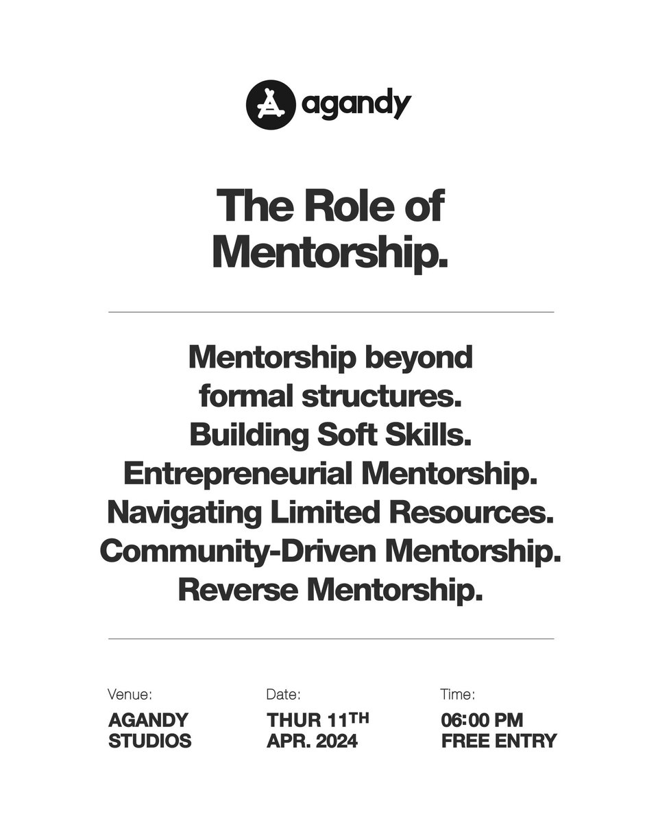 Do you have a mentor?🤔

Do you understand the role of mentorship in your  journey and it's impact on the future of the Ugandan creative sector?

This and more next week Thursday at the Agandy Studios.

#learnwithagandy 
#studiotalk