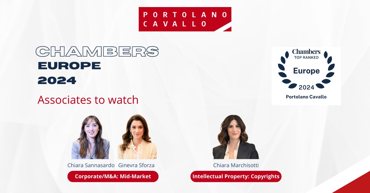 🏆CHAMBERS EUROPE 2024 @ChambersGuides ranked our associates Chiara Sannasardo & Ginevra Sforza as “Associates to Watch” for #Corporate/M&A: Mid-Market. Associate Chiara Marchisotti is ranked as “Associate to Watch” for #IntellectualProperty:#Copyrights 👉portolano.it/en/the-firm/re…