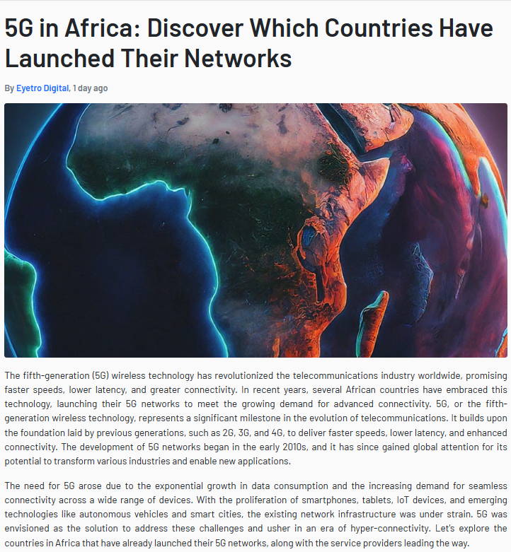 MakwaIT Technologies (@makwait) on Twitter photo 5G is transforming telecom worldwide! African nations are joining the revolution with their own 5G networks, offering faster speeds + better connectivity.
More on this via <a href="/eyetrodigital/">Eyetro Digital</a>
➡️eyetrodigital.com/post/89/2024/4… 5G is transforming telecom worldwide! African nations are joining the revolution with their own 5G networks, offering faster speeds + better connectivity.
More on this via <a href="/eyetrodigital/">Eyetro Digital</a>
➡️eyetrodigital.com/post/89/2024/4…
