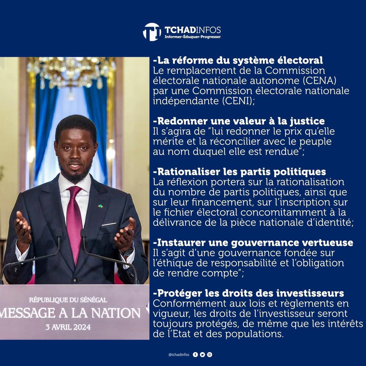 Lors de son message adressé à la nation le 03 avril, le nouveau président #sénégalais 🇸🇳, Bassirou Diomaye Diakhar Faye, a présenté ses priorités 🗒️. Voici les points forts 👇🏾