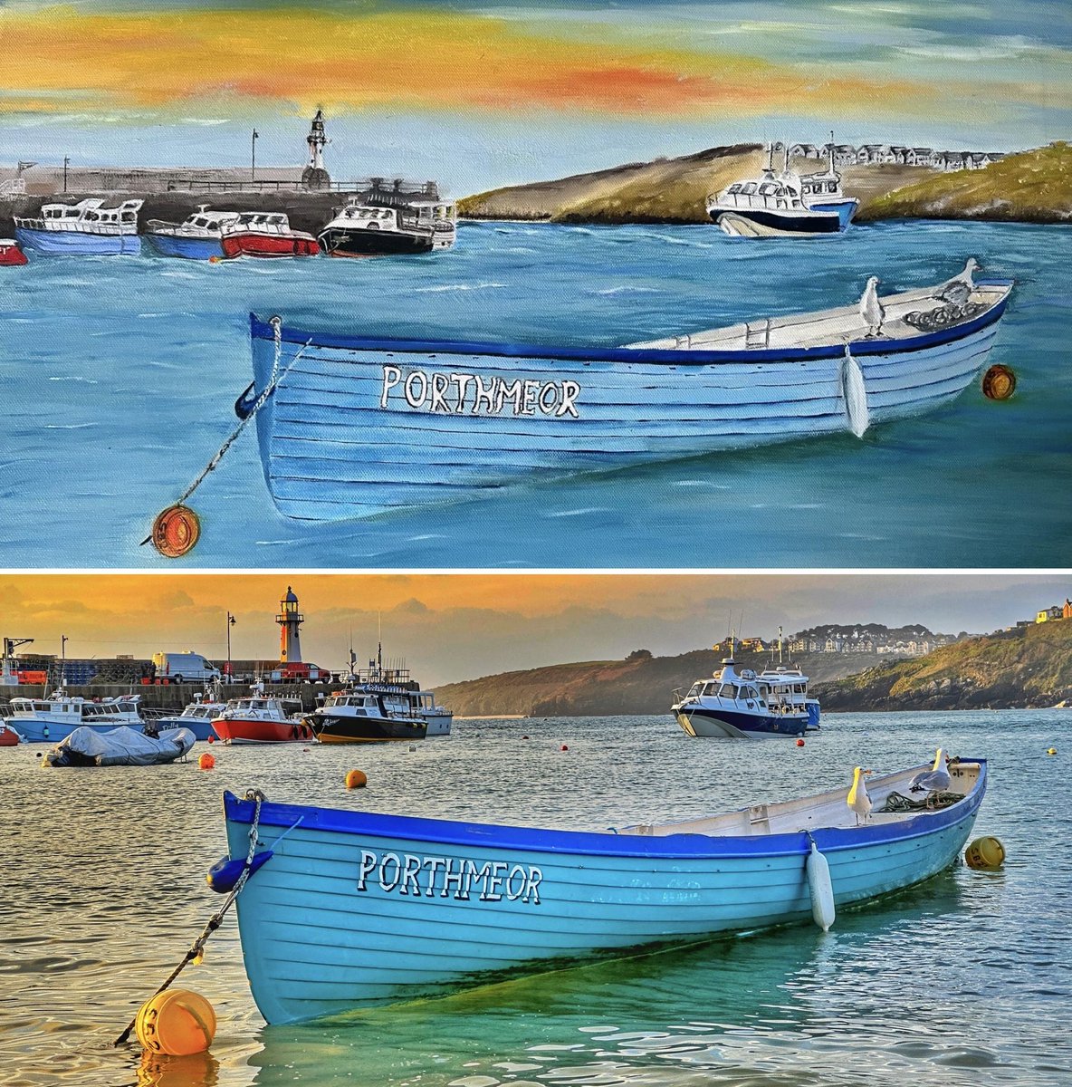 When someone asks to paint one of your photos and this happens! ♥️ #cornwall #kernow #lovecornwall #uk #explorecornwall #cornishcoast #sea #ocean #stives #stivescornwall #sky #sunrise #quay #dawn #spring #harbour #boat #gig #art #painting #talent #artist @beauty_cornwall