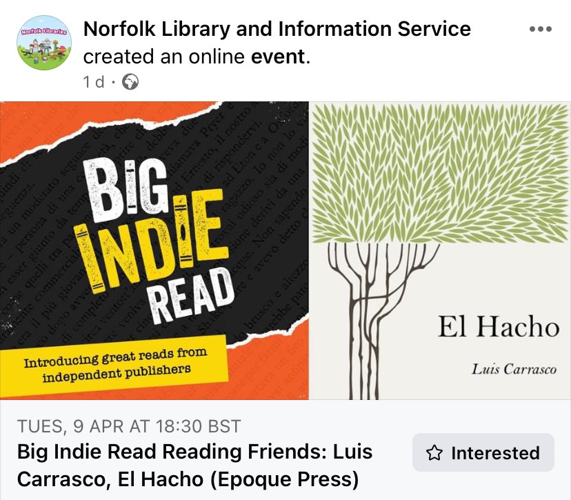 Delighted our authors are taking part in the Big Indie Reads with @NorfolkLibs Join the online event with Luis Carrasco to hear him discuss his novels, ‘El Hacho’ and ‘Ghosts of Spring’. facebook.com/events/s/big-i… To book your place email libraries.iconnect@norfolk.gov.uk