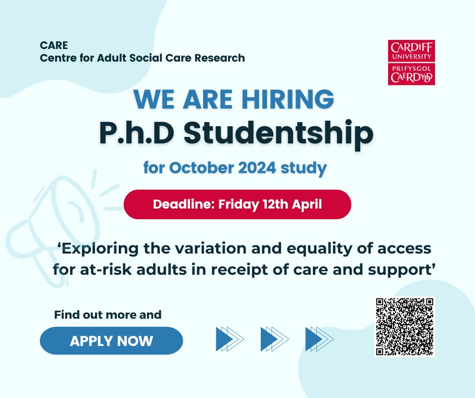 📢 New PhD Opportunity at CARE, situated in Cardiff School of Social Sciences, for October 2024 study. 'Exploring the variation and equality of access for at-risk adults in receipt of care and support' ⏰Deadline: Friday 12th April More info & apply: findaphd.com/phds/project/e…