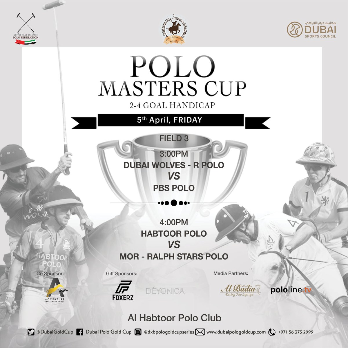 Prepare yourselves for the second day of the Polo Masters Cup 2024, hosted by @dxbpologoldcupseries, taking place on April 5th at Field 3, Al Habtoor Polo Club. 3:00 PM Wolves-R Polo vs. PBS Polo 4:00 PM Habtoor Polo vs. MOR-Ralph Stars Polo See you there!