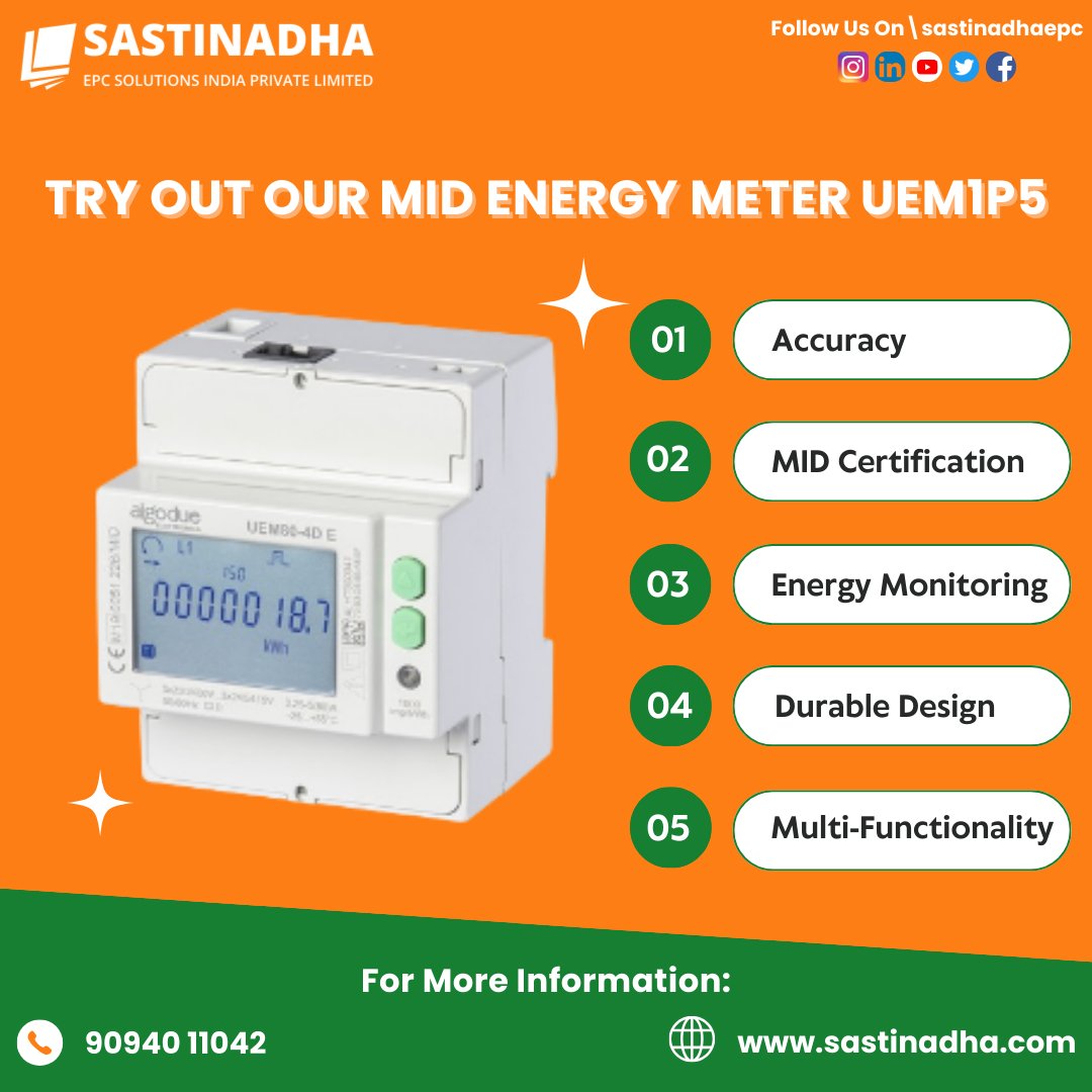 Try out our MID energy meter UEM1P5! 🌟
.
.
Follow us for more updates
@sastinadhaepc
.
.
#SastinadhaEPC #TANGEDCOApproved #TNElectricity #Algodue #EnergyMeter #MIDCertified #EnergyEfficiency #Industrial #Residential #SmartEnergy #Monitoring #Sustainability #PowerManagement