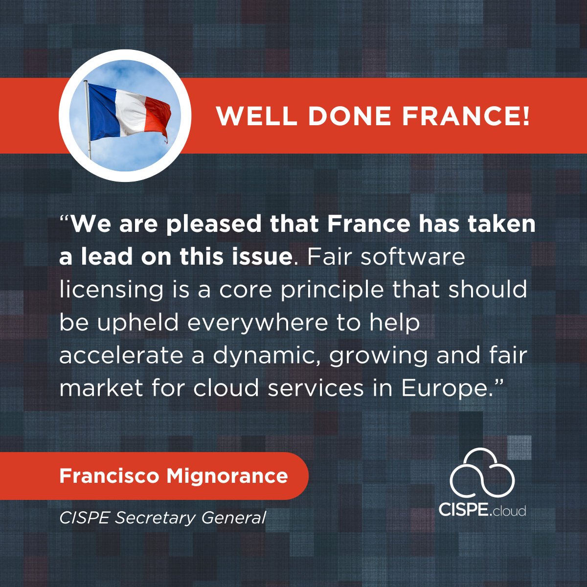 #ICYMI 🇫🇷 France becomes the first country to introduce laws to ensure fair software licensing for #cloud customers! 👏 CISPE applauds this milestone – fair #SoftwareLicensing is a core principle that should be upheld everywhere. 📃 Read our statement ⬇️ cispe.cloud/france-stands-…