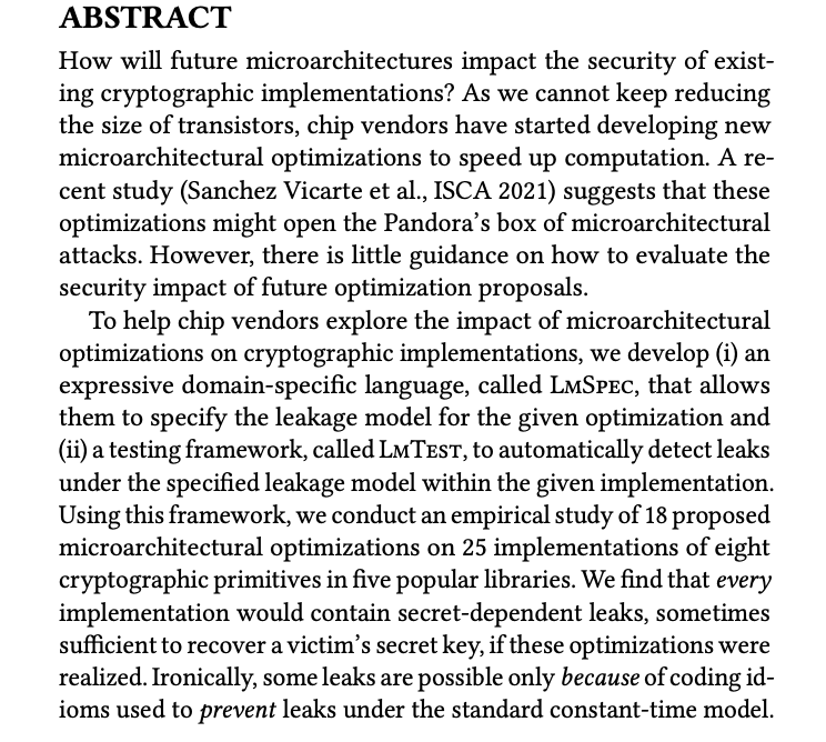 Thrilled to announce that our paper on finding side-channels in crypto implementations running on future microarchitectures has been accepted at @ACM_CCS'24!

📄: arxiv.org/pdf/2402.00641… (Preprint)
🧑‍💻: github.com/hw-sw-contract… (Tool)