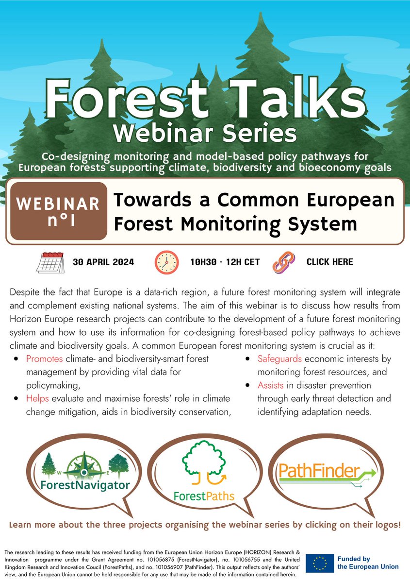 🎉 SAVE THE DATE We are happy to invite you to the first edition of our webinar series FOREST TALKS: 👉Towards a Common European Forest Monitoring System 🗓️30th April ⏱️10h30 - 12h CET 🔗 Registration: bit.ly/3vFdQ3K 🌲#EUPathFinder #EUForests #Forestry #Webinar