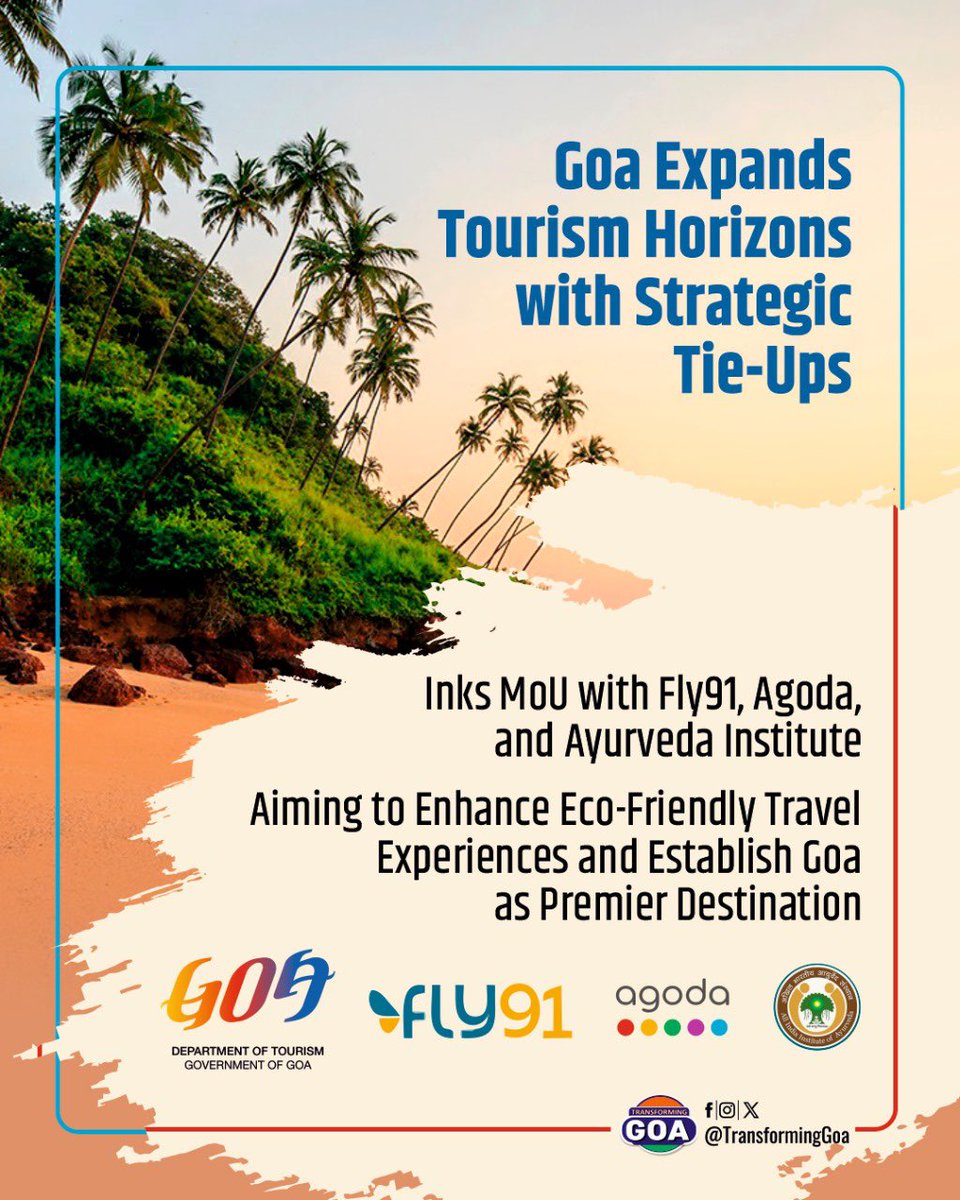 Goa Expands Tourism Horizons with Strategic Tie-Ups

#goa #GoaGovernment #TransformingGoa #facebookpost #bjym #bjymgoa #GoaTourism #Fly91 #Agoda #AyurvedaInstitute #EcoFriendlyTravel #PremierDestination #TravelExperience