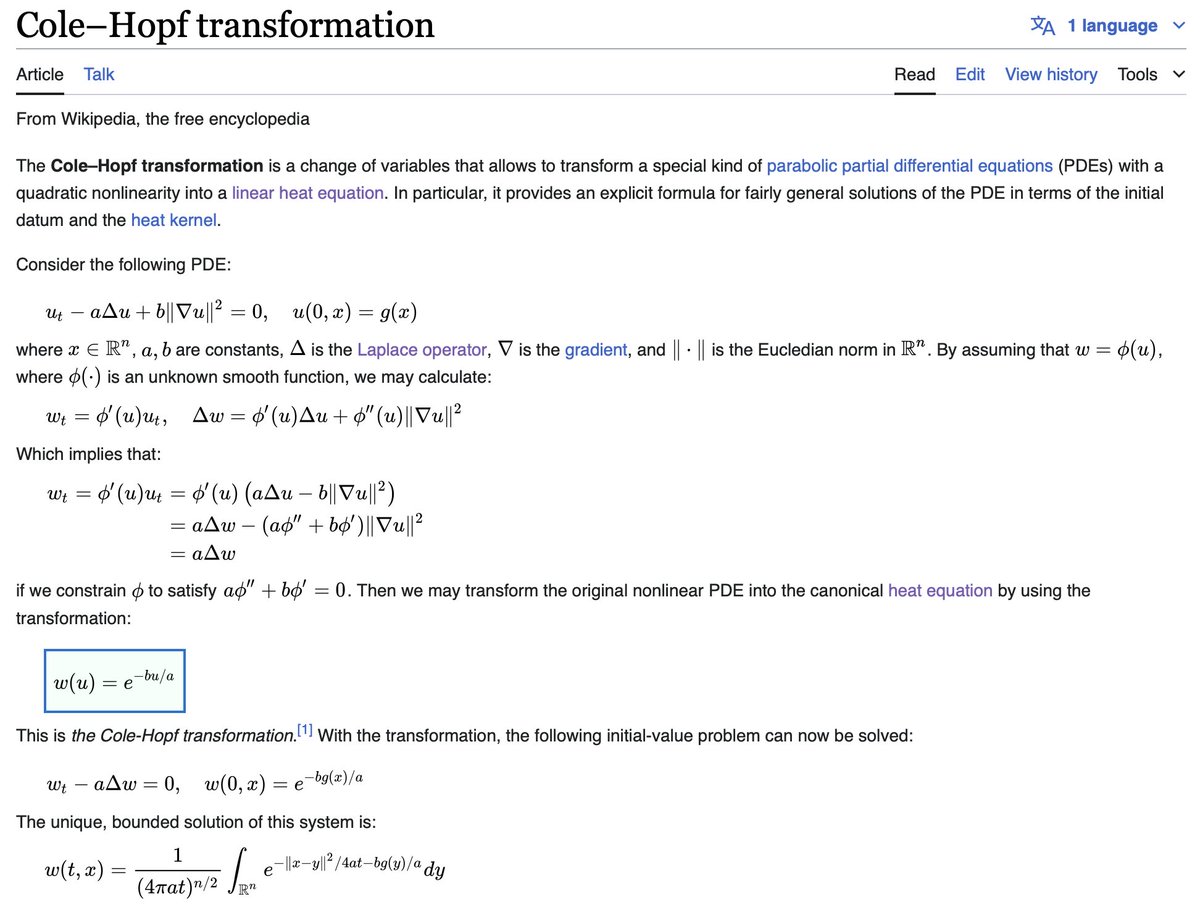 4.IV

Transformation of the Day #TOTD

The Cole–Hopf transformation
#mathematicianoftheday #MOTD

'...is a change of variables that allows to transform a special type of parabolic PDEs with a quadratic nonlinearity into a linear heat equation'

en.wikipedia.org/wiki/Cole–Hopf…